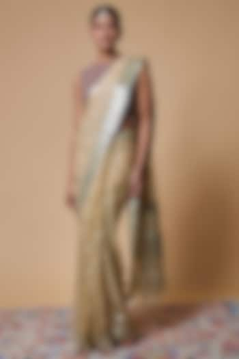 Beige Viscose Chiffon Boota Saree by Binal Patel at Pernia's Pop Up Shop