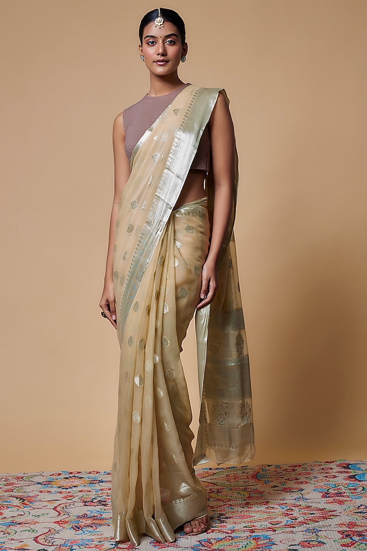 Beige Viscose Chiffon Boota Saree by Binal Patel at Pernia's Pop Up Shop