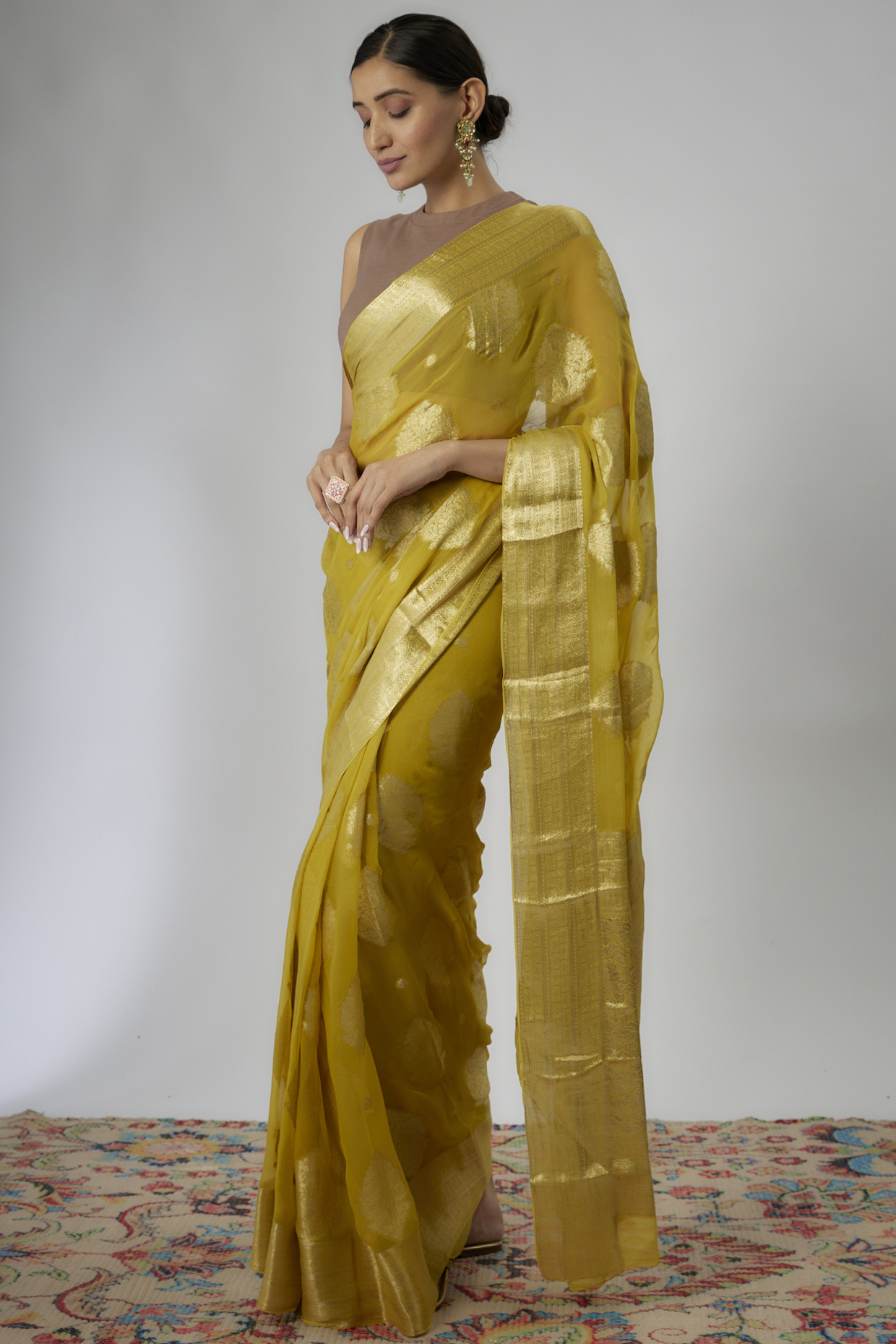Yellowish Green Viscose Chiffon Festive Saree by Binal Patel at Pernia's Pop Up Shop