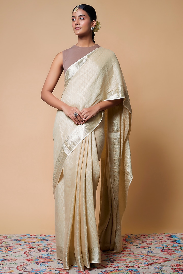 Beige Viscose Satin Crepe Saree by Binal Patel