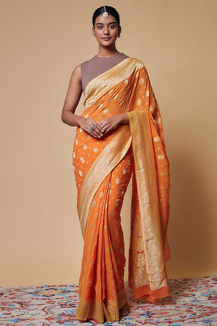 Orange Viscose Georgette Boota Saree by Binal Patel at Pernia's Pop Up Shop