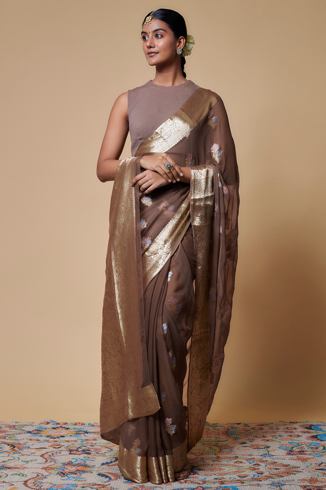 Brown printed chiffon saree with blouse - Sourbh Sarees - 3912793