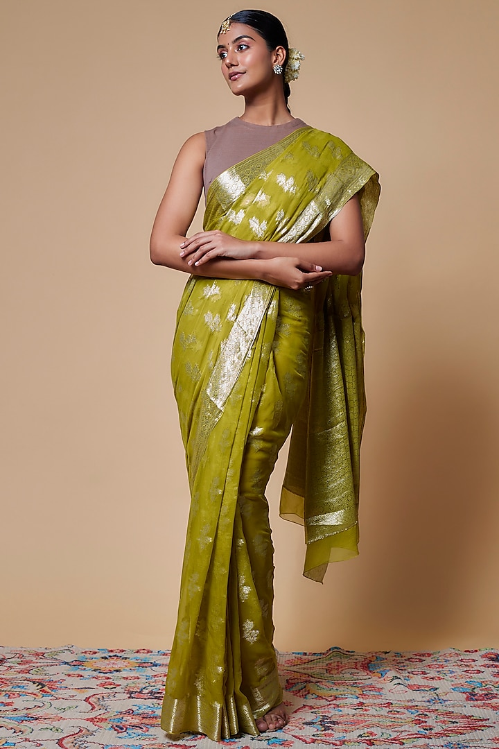 Green Viscose Chiffon Boota Saree by Binal Patel at Pernia's Pop Up Shop