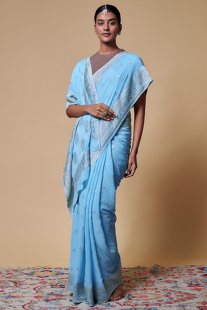 Blue Viscose Chiffon Saree by Binal Patel at Pernia's Pop Up Shop