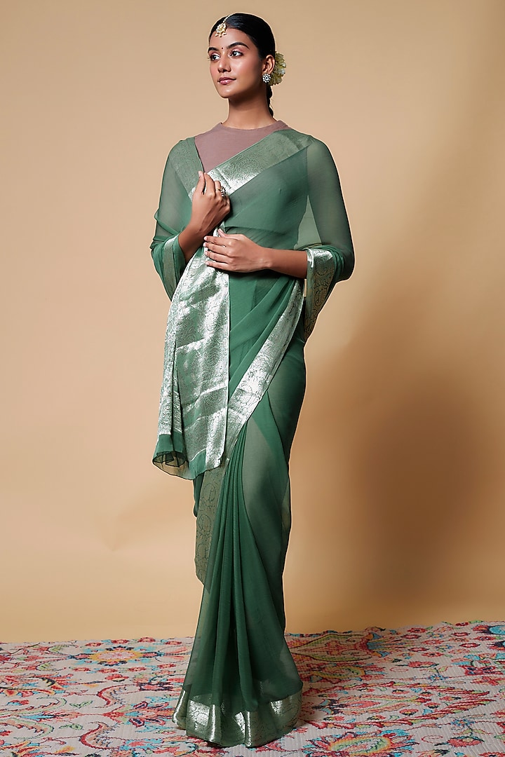 Olive Green Viscose Chiffon Saree Set
 by Binal Patel at Pernia's Pop Up Shop