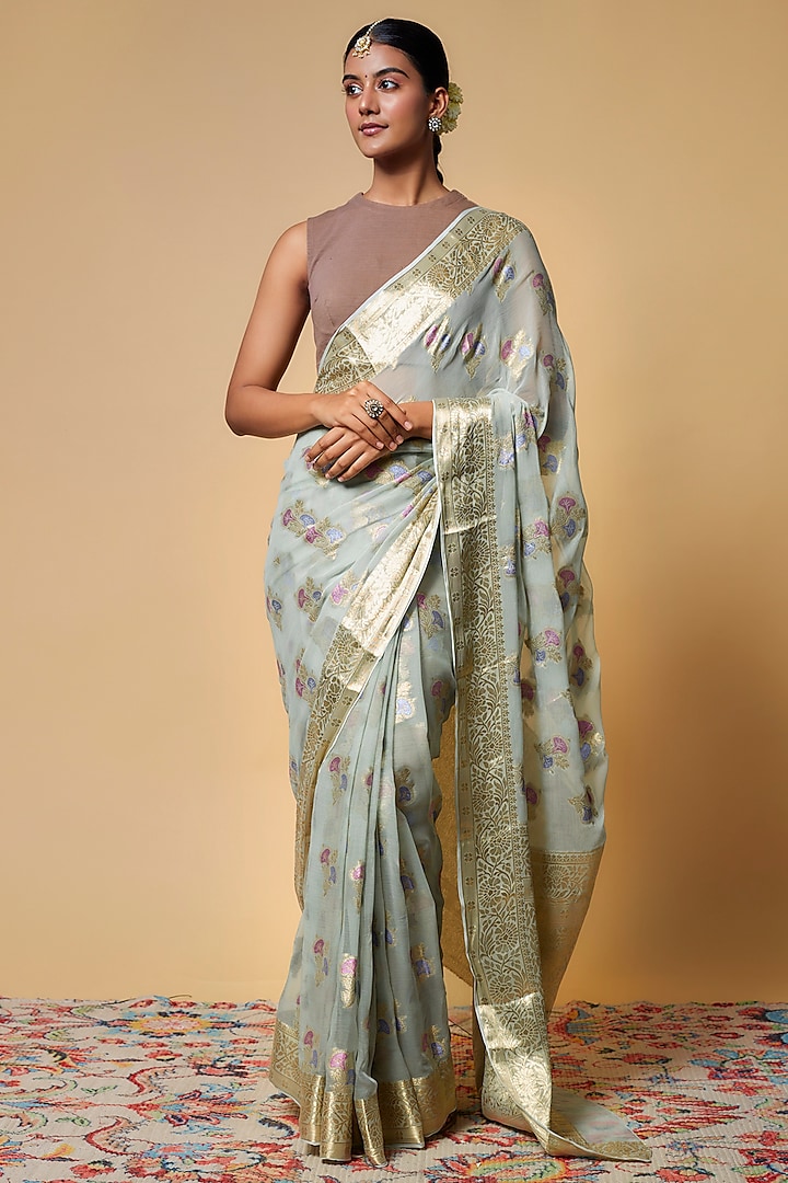 Sky Blue Viscose Chiffon Saree by Binal Patel at Pernia's Pop Up Shop