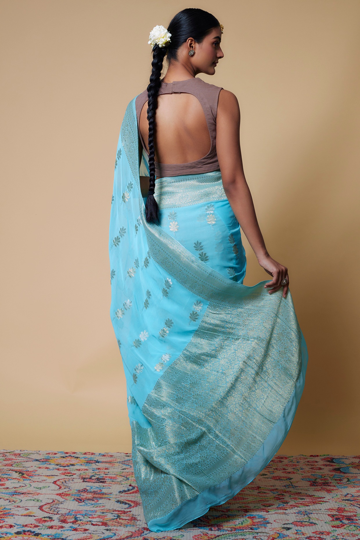 Sky Blue Handcrafted Gota Patti Georgette Saree – Geroo Jaipur