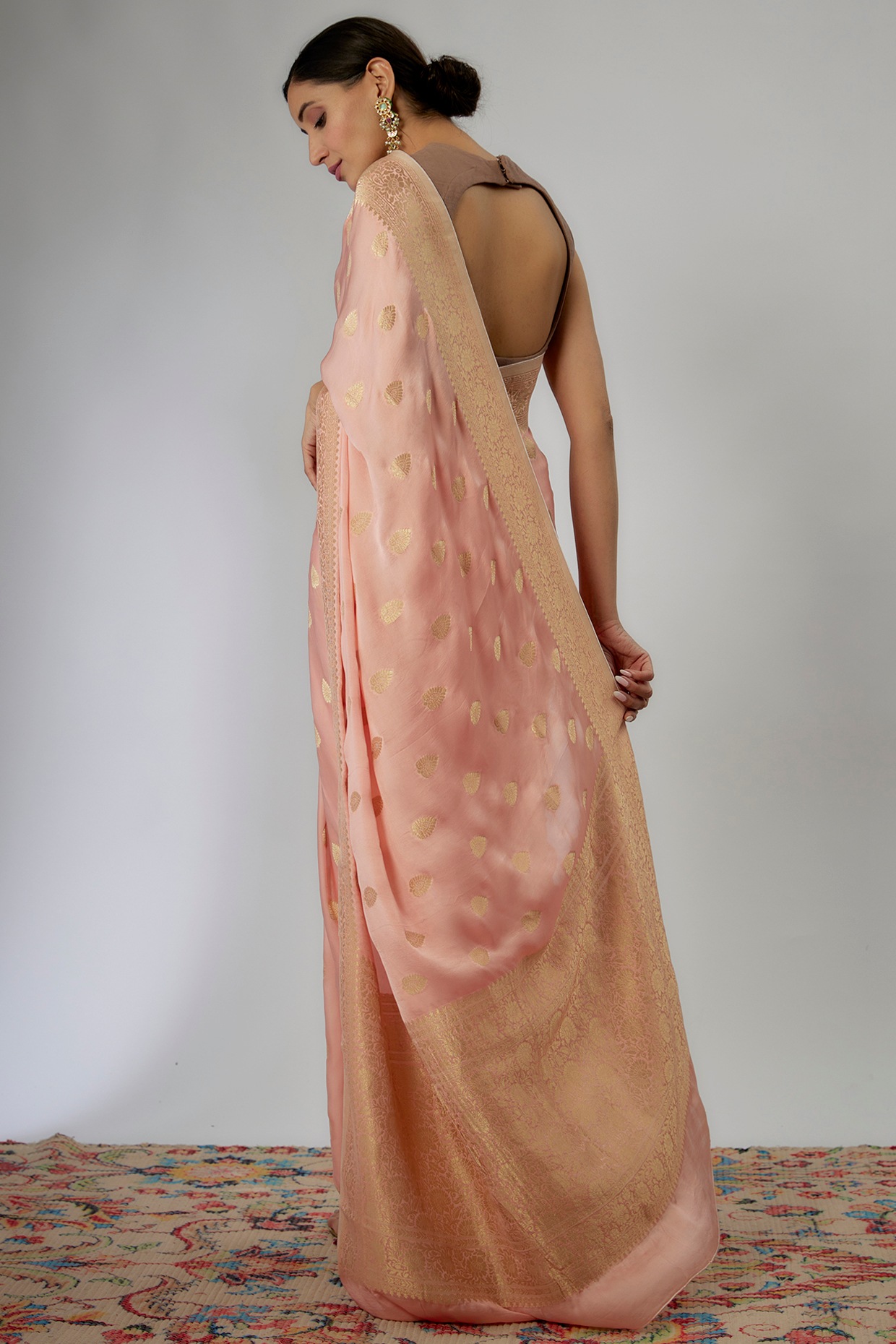 Women's Satin Silk Peach Plain Saree With Black Blouse