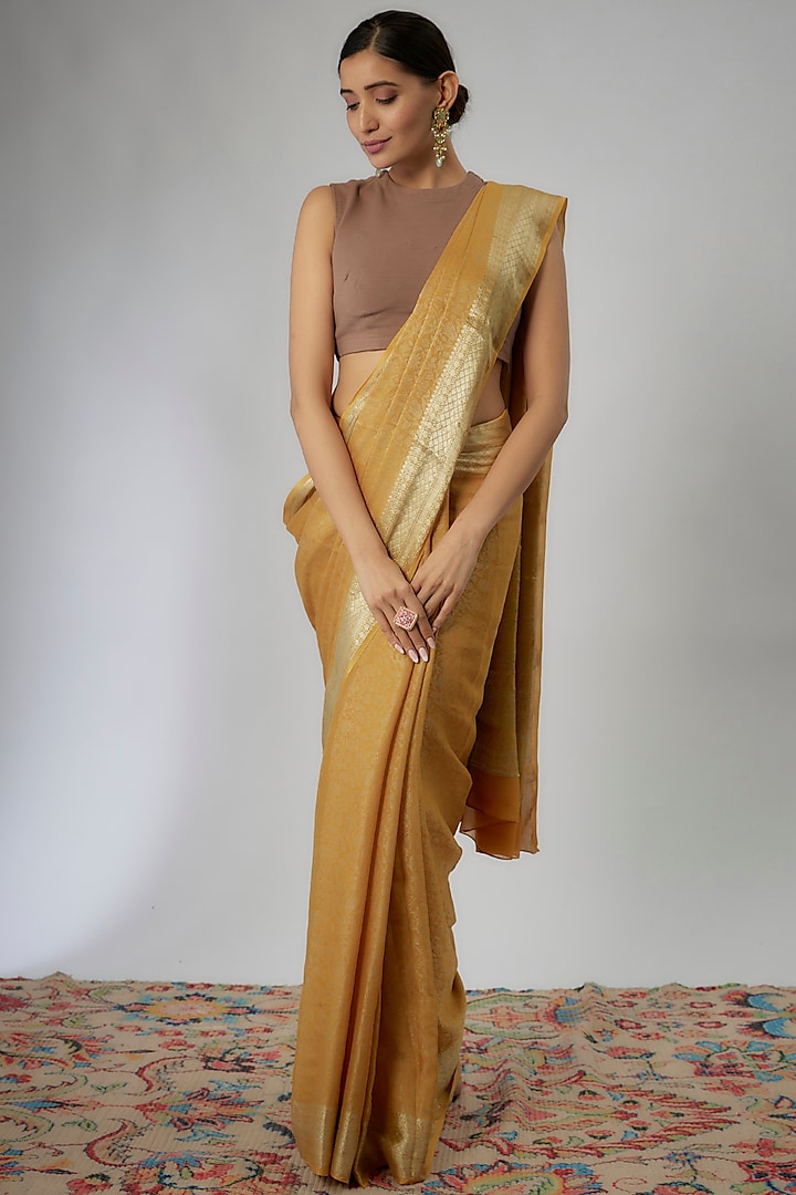 Mustard Viscose Satin Crepe Saree by Binal Patel