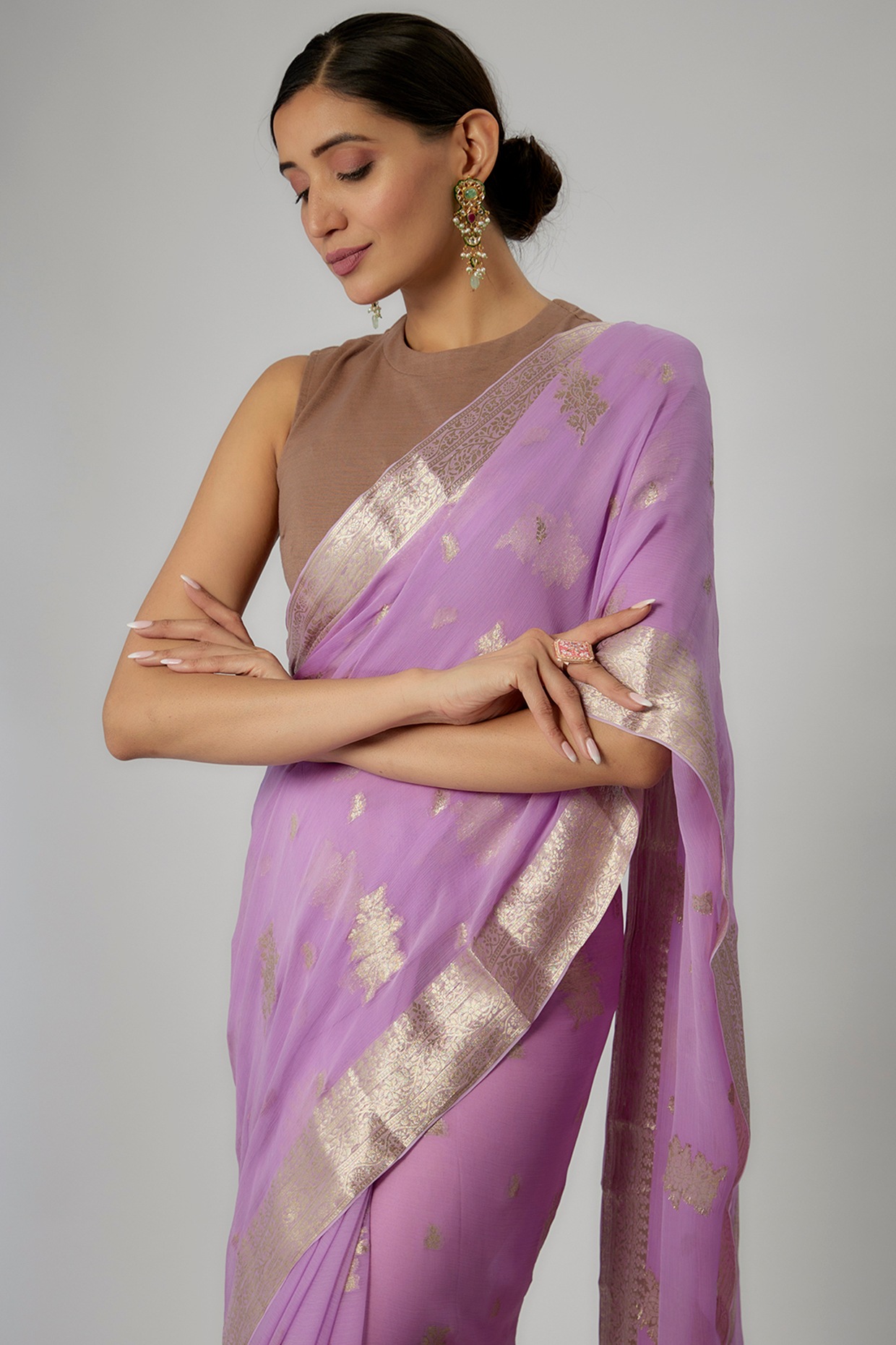 Buy Pink Viscose Crepe Round Embroidered Saree Gown For Women by Vivek Patel  Online at Aza Fashions.