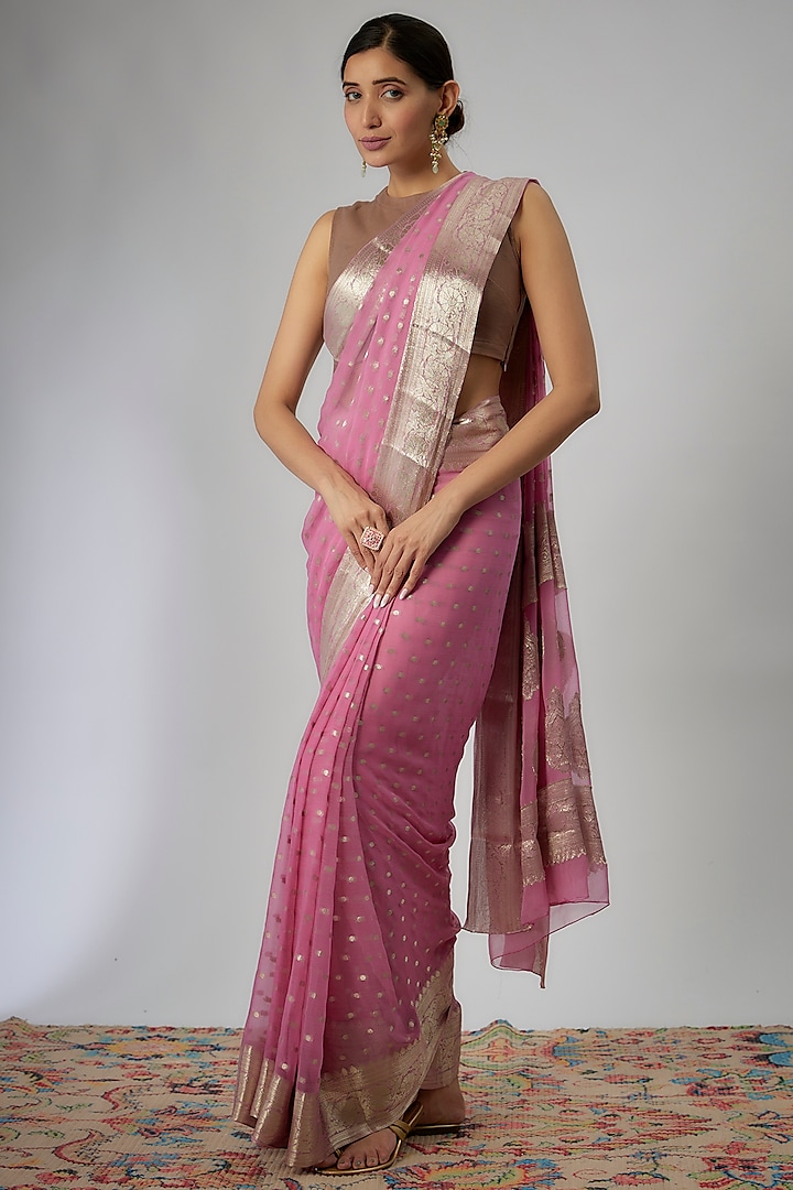 Pink Viscose Chiffon Saree by Binal Patel