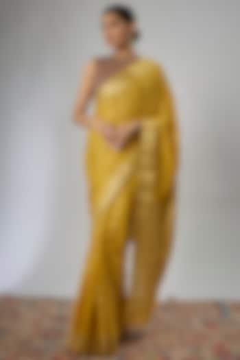 Mustard Viscose Satin Crepe Saree by Binal Patel at Pernia's Pop Up Shop