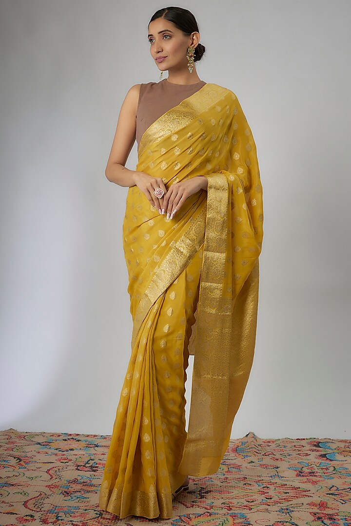 Mustard Viscose Satin Crepe Saree by Binal Patel at Pernia's Pop Up Shop