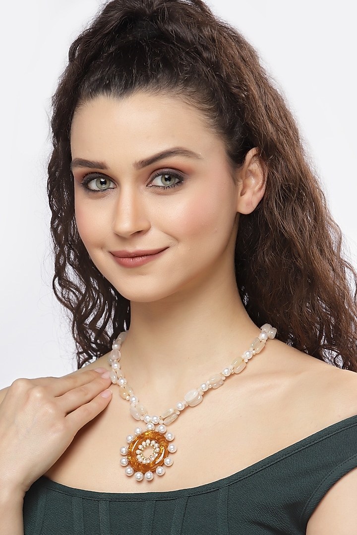 Gold & White Semi-Precious Stone & Pearl Pendant Necklace by Bijoux By Priya Chandna at Pernia's Pop Up Shop