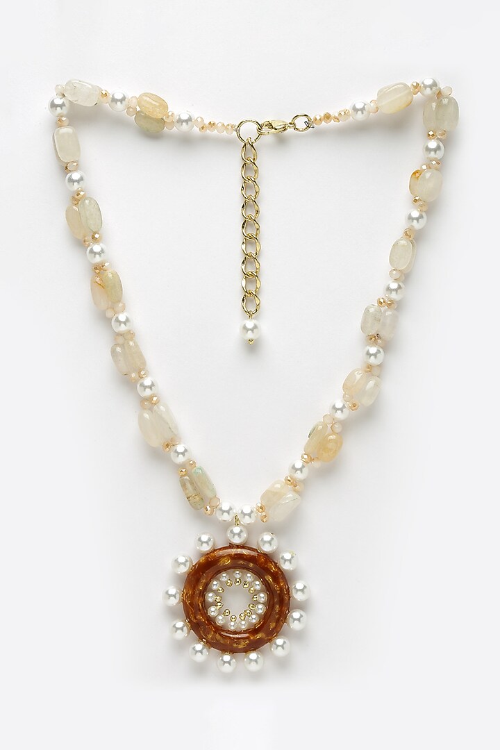 Gold & White Semi-Precious Stone & Pearl Pendant Necklace by Bijoux By Priya Chandna at Pernia's Pop Up Shop