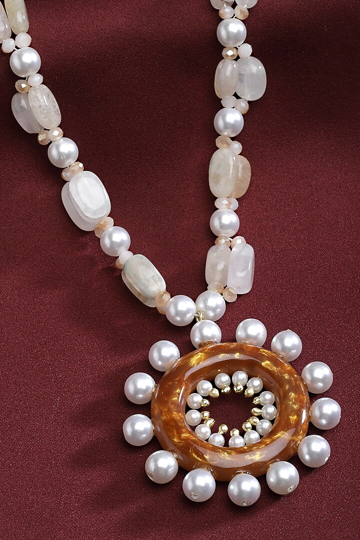 Gold & White Semi-Precious Stone & Pearl Pendant Necklace by Bijoux By Priya Chandna at Pernia's Pop Up Shop