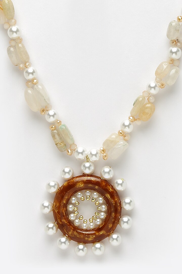 Gold & White Semi-Precious Stone & Pearl Pendant Necklace by Bijoux By Priya Chandna at Pernia's Pop Up Shop
