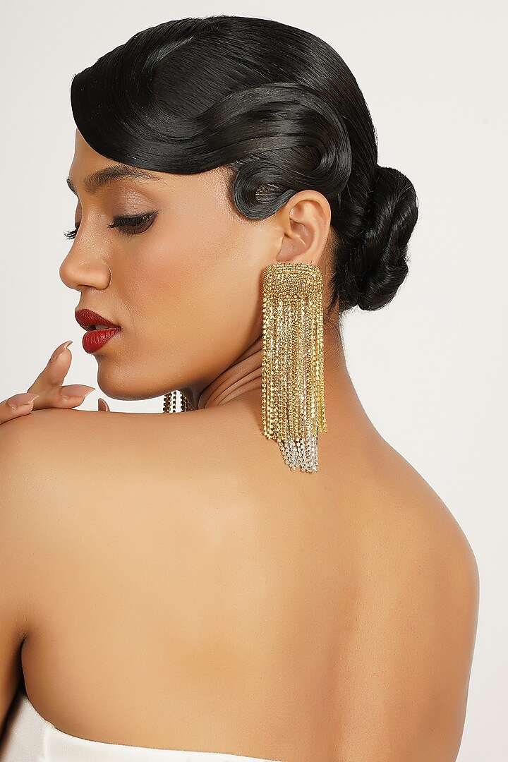 Gold Finish Crystal Dangler Earrings by Bijoux By Priya Chandna at Pernia's Pop Up Shop
