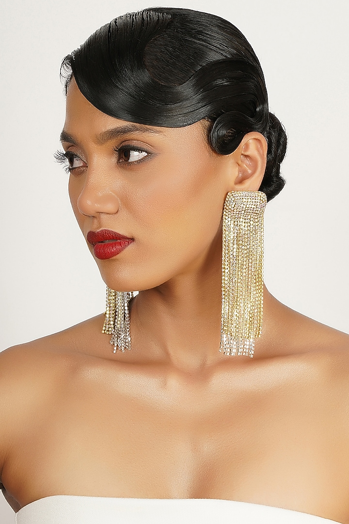 Gold Finish Crystal Dangler Earrings by Bijoux By Priya Chandna at Pernia's Pop Up Shop
