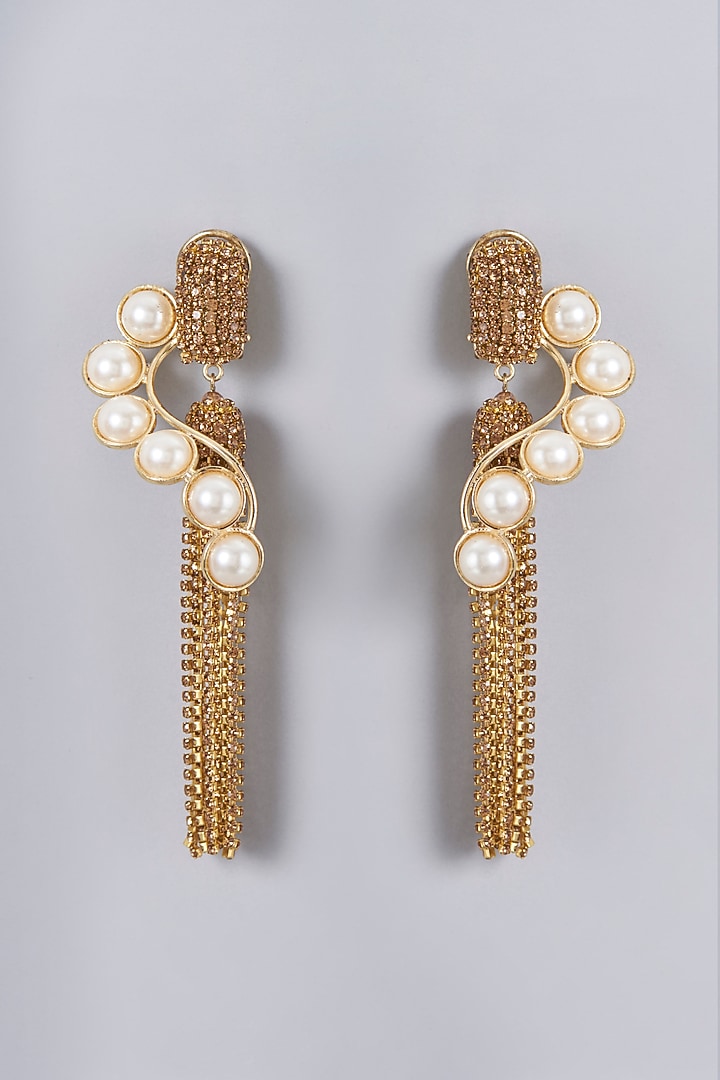 Gold Finish Pearl & Crystal Tassel Earrings by Bijoux By Priya Chandna at Pernia's Pop Up Shop
