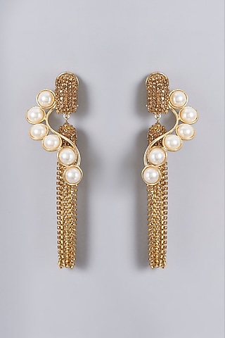Gold Finish Pearl & Crystal Tassel Earrings by Bijoux By Priya Chandna