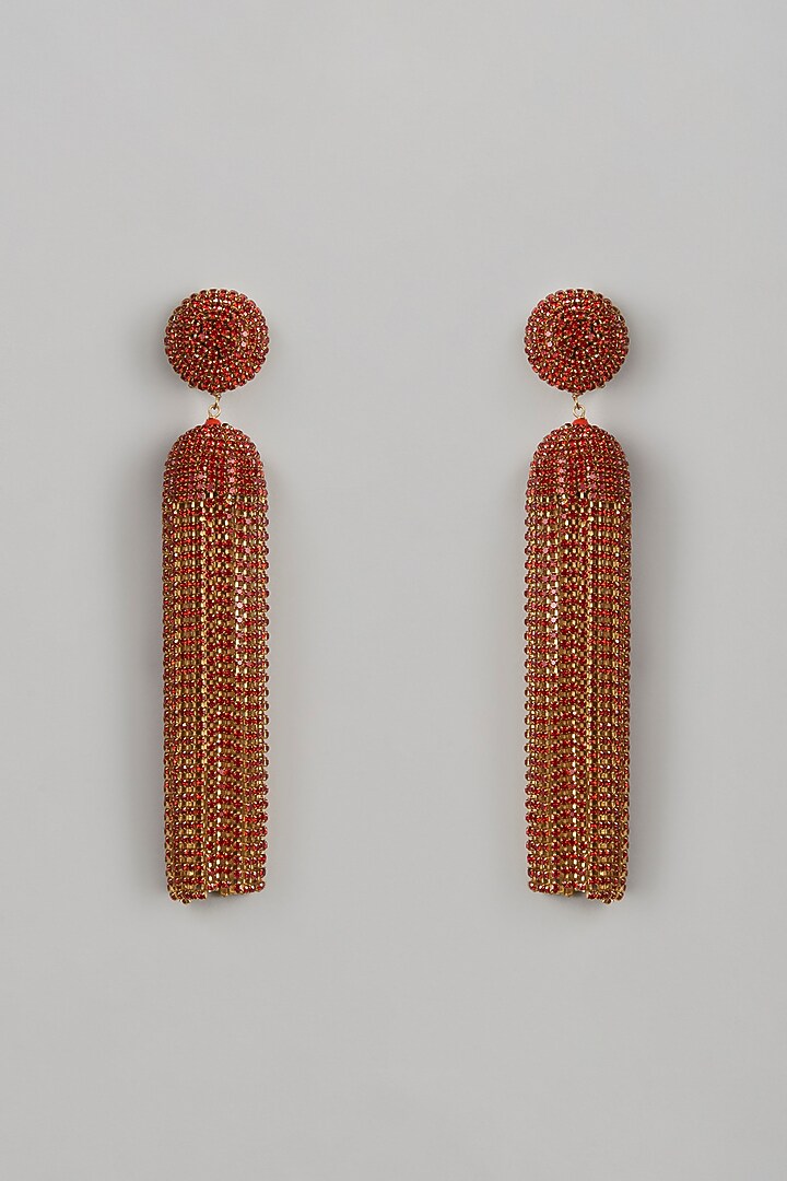 Gold Finish Dangler Earrings With Red Crystals by Bijoux By Priya Chandna at Pernia's Pop Up Shop