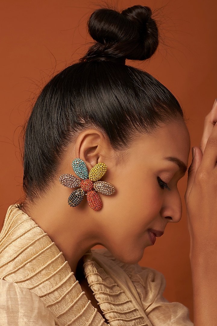 Gold Finish Daisy Stud Earrings by Bijoux By Priya Chandna