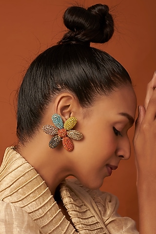 Gold Finish Daisy Stud Earrings by Bijoux By Priya Chandna