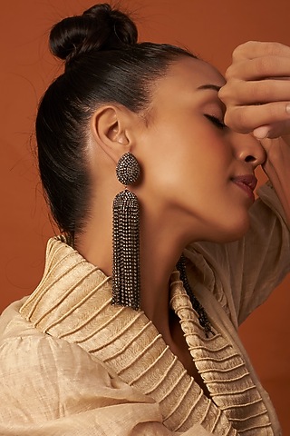 Gold Finish Crystal Waterfall Earrings by Bijoux By Priya Chandna