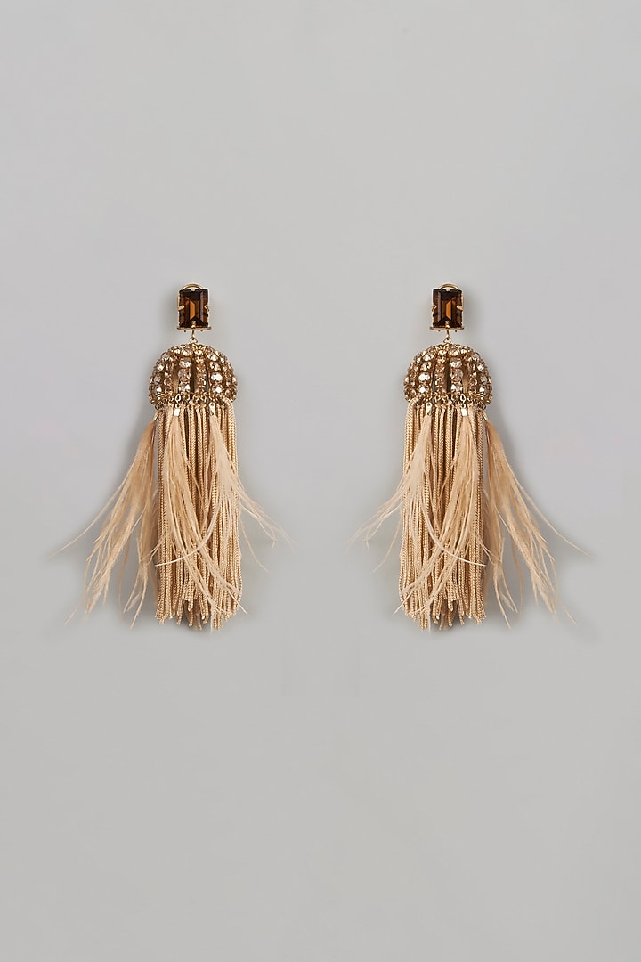 Gold Finish Feather Earrings by Bijoux By Priya Chandna at Pernia's Pop Up Shop