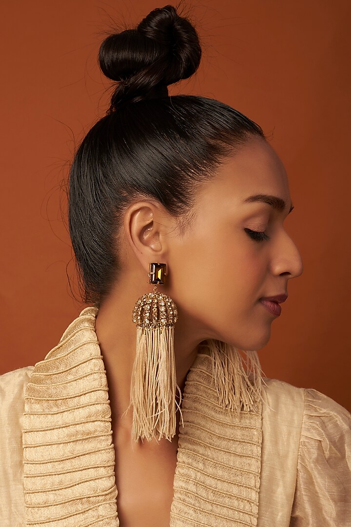Gold Finish Feather Earrings by Bijoux By Priya Chandna