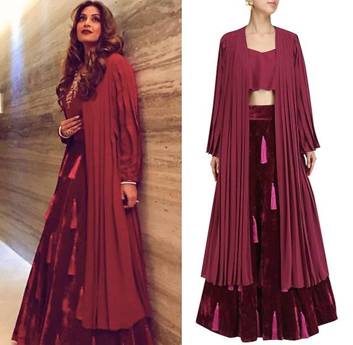 Burgundy tasseled lehenga with flared blouse and jacket set available only at Pernia's Pop Up Shop.