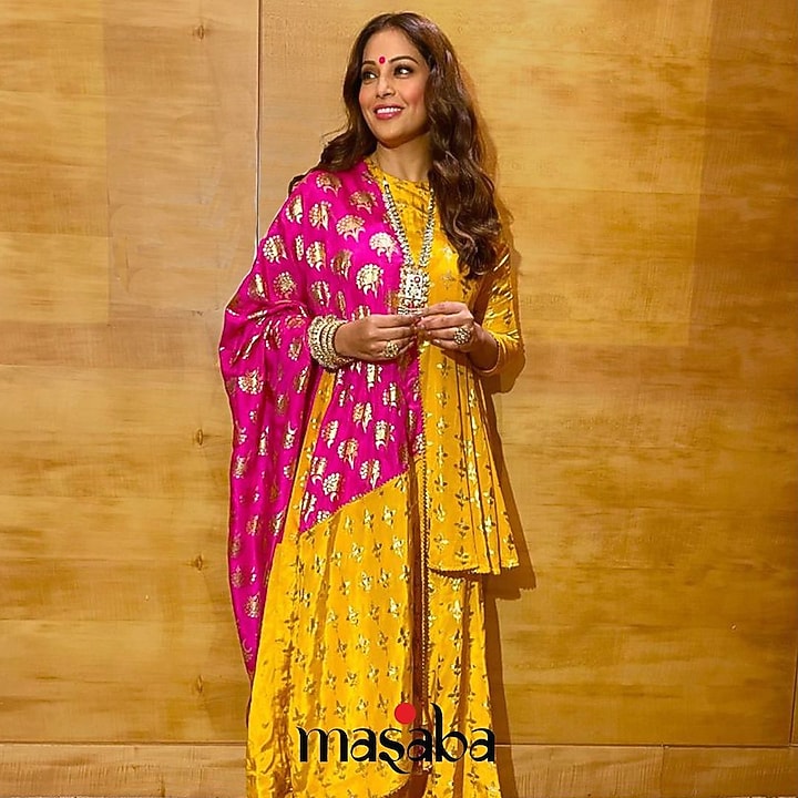 Yellow Triangular Floral Printed Wedding Sharara Set by Masaba at Pernia's Pop Up Shop
