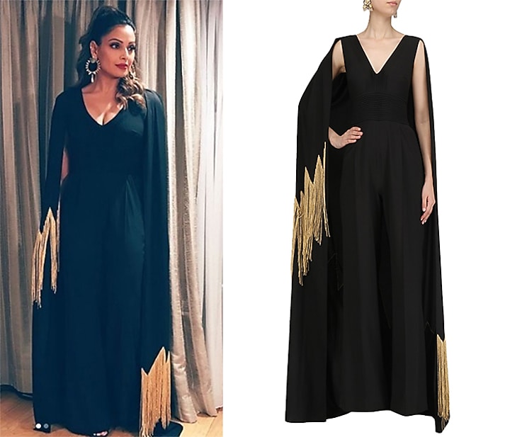 Black embroidered cape jumpsuit available only at Pernia's Pop Up Shop.