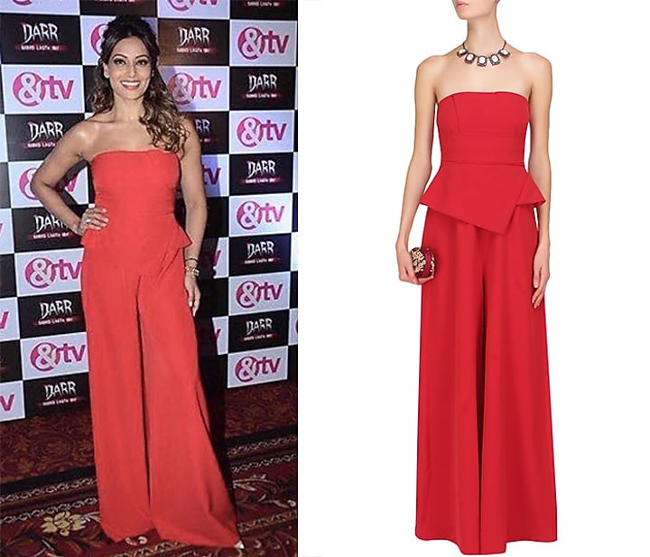 Crimson red tube panel with overlapped peplum jumpsuit available only at Pernia's Pop Up Shop.
