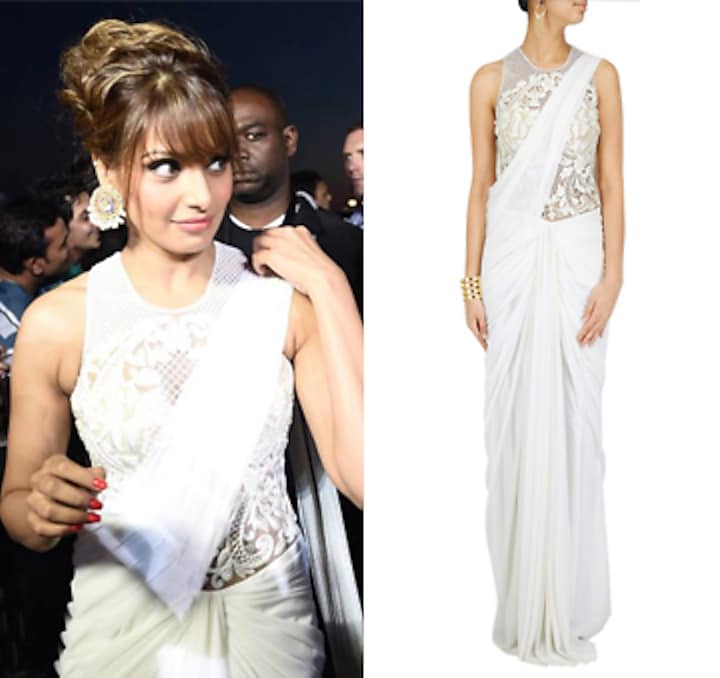 White embroidered fringe pallu pre stitched sari-gown available only at Pernia's Pop-Up Shop.