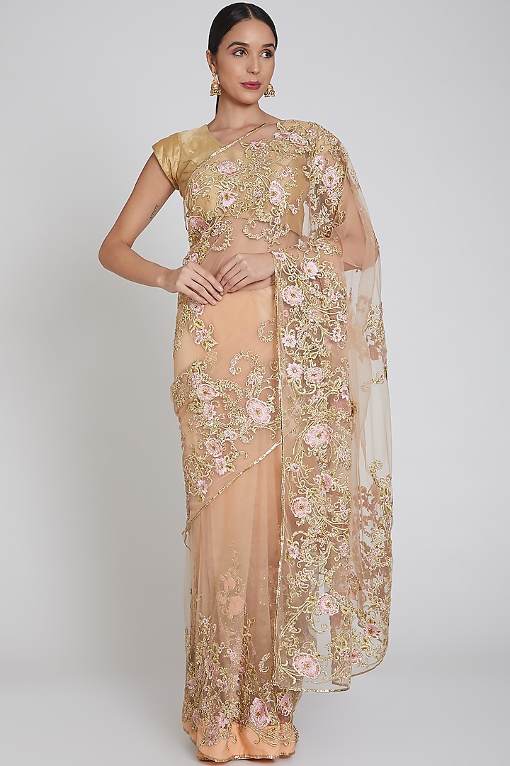 Pale Coral Floral Embroidered Saree Set by Bhairavi Jaikishan