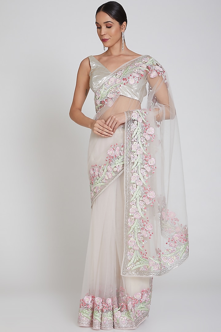 Baby Pink Saree Set by Bhairavi Jaikishan at Pernia's Pop Up Shop