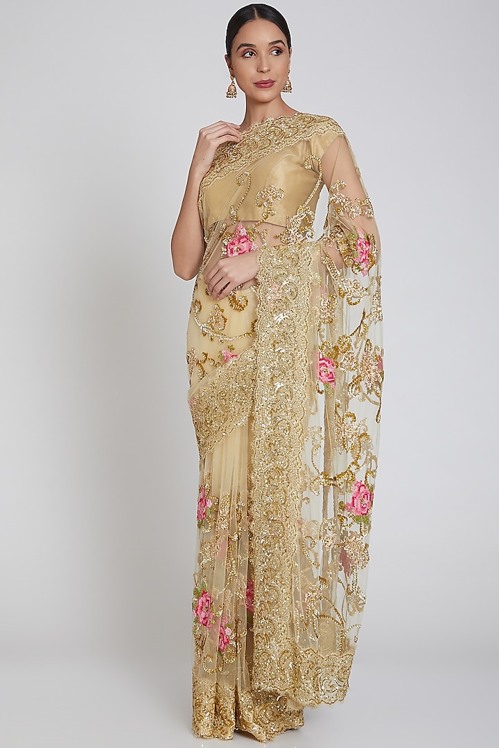 Beige Embroidered Saree Set by Bhairavi Jaikishan at Pernia's Pop Up Shop