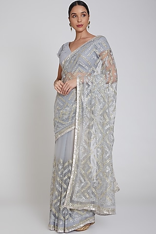 Oyster Sequins Embroidered Saree Set by Bhairavi Jaikishan