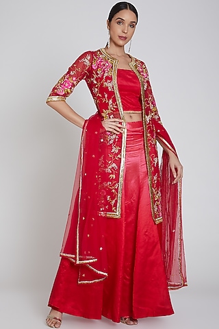 Red Embroidered Jacket Lehenga Set by Bhairavi Jaikishan