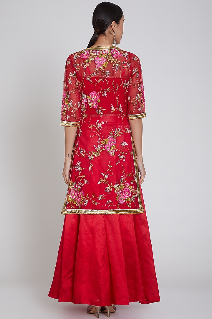 Red Embroidered Jacket Wedding Lehenga Set by Bhairavi Jaikishan at Pernia's Pop Up Shop