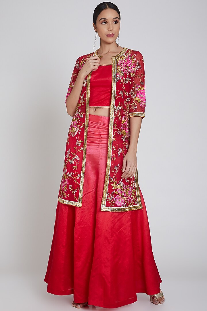 Red Embroidered Jacket Wedding Lehenga Set by Bhairavi Jaikishan at Pernia's Pop Up Shop
