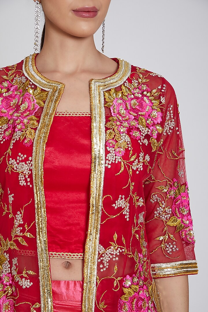 Red Embroidered Jacket Wedding Lehenga Set by Bhairavi Jaikishan at Pernia's Pop Up Shop