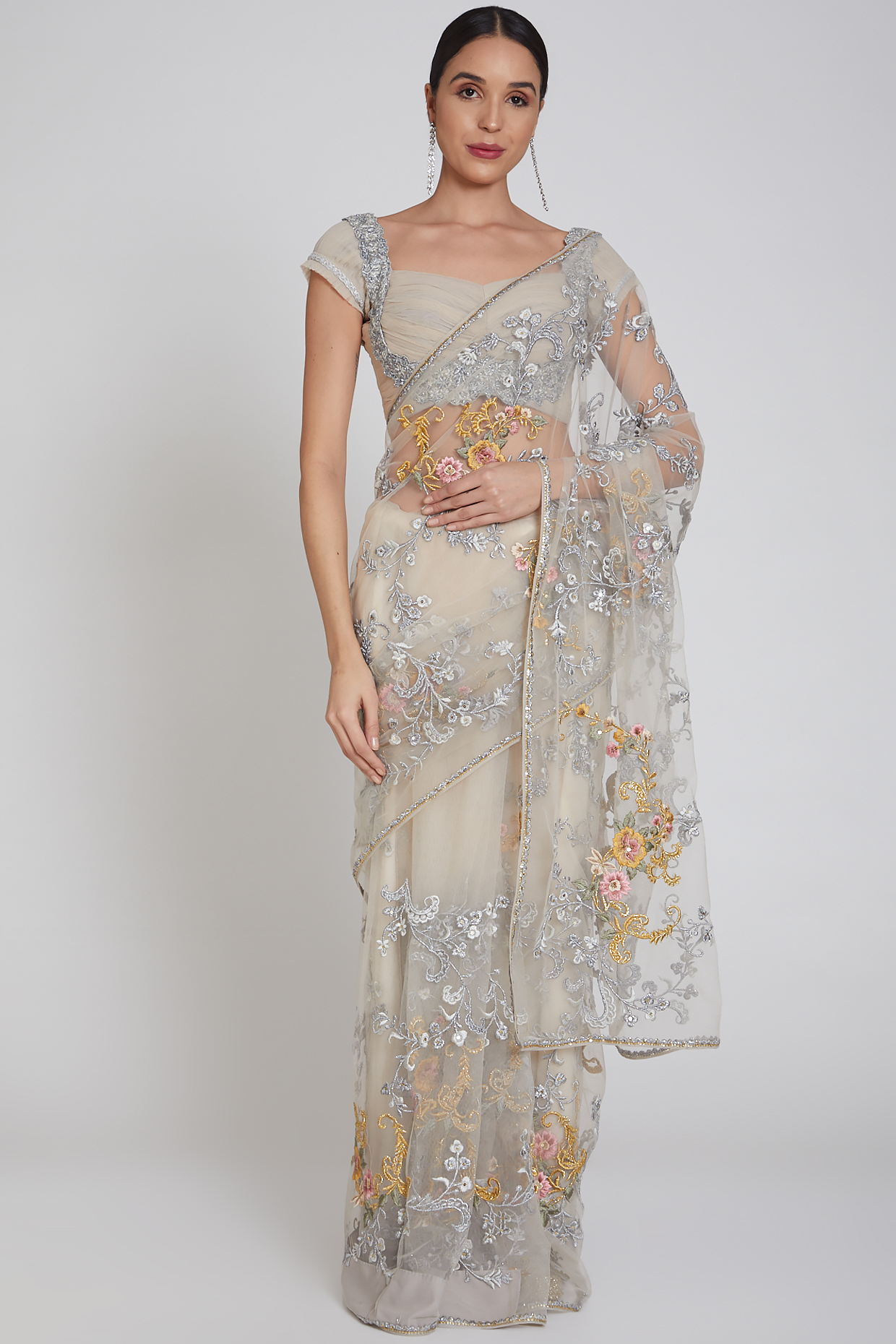 Oyster Embroidered Net Saree Set by Bhairavi Jaikishan at Pernia's Pop Up Shop