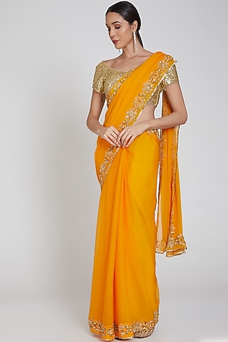 Yellow Embroidered & Striped Saree Set by Bhairavi Jaikishan