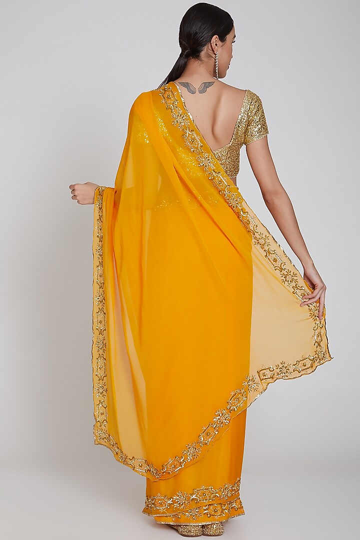Yellow Embroidered & Striped Wedding Saree Set by Bhairavi Jaikishan at Pernia's Pop Up Shop