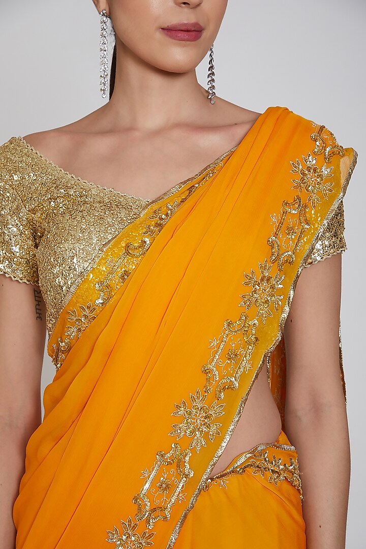Yellow Embroidered & Striped Wedding Saree Set by Bhairavi Jaikishan at Pernia's Pop Up Shop