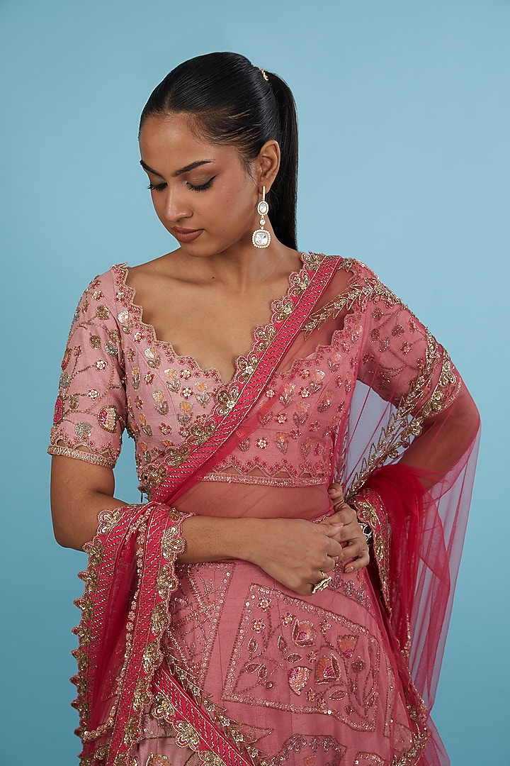 Pink Raw Silk Hand Embroidered Bridal Lehenga Set by JIGAR & NIKITA at Pernia's Pop Up Shop