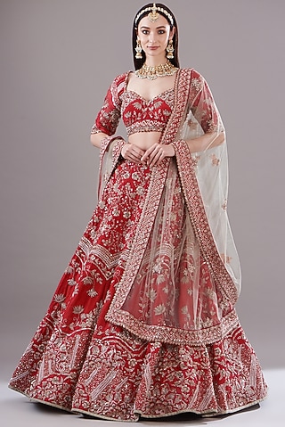 Crimson Red Silk Embroidered Lehenga Set by JIGAR & NIKITA